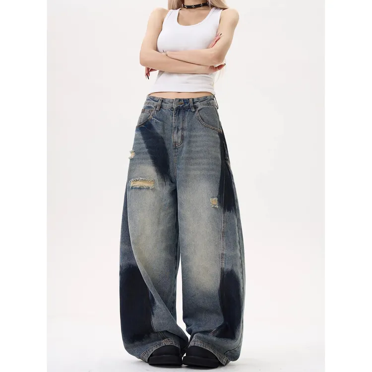 美式复古弯刀阔腿拼接破洞牛仔裤夏季喷绘高街做旧宽松垂感长裤