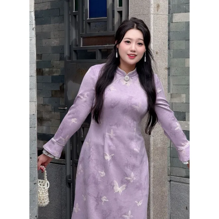 码加加51906胖M秋季新款新中式国风大码紫色高贵清雅气质加绒旗袍