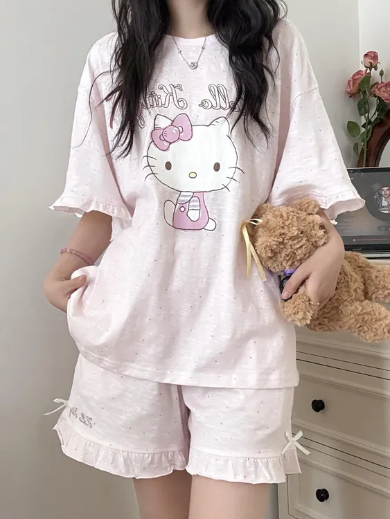 【波点kitty】韩系可爱清纯睡衣女新款短袖短裤可外穿家居服两件套