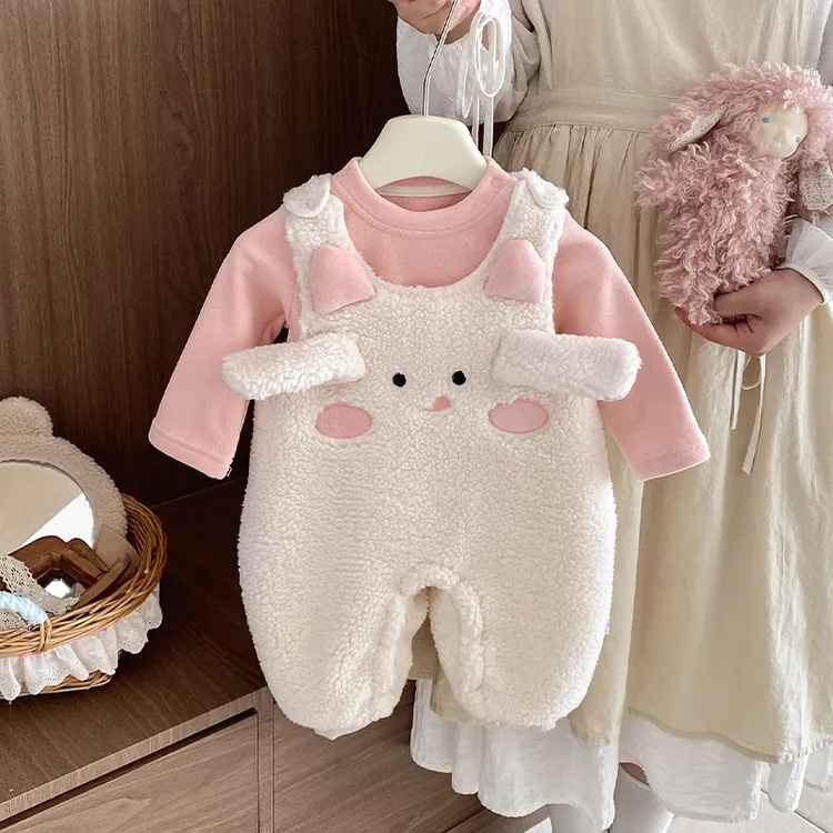 婴儿连体衣秋冬季女宝宝加绒加厚毛毛爬服兔子一体绒幼儿打底上衣