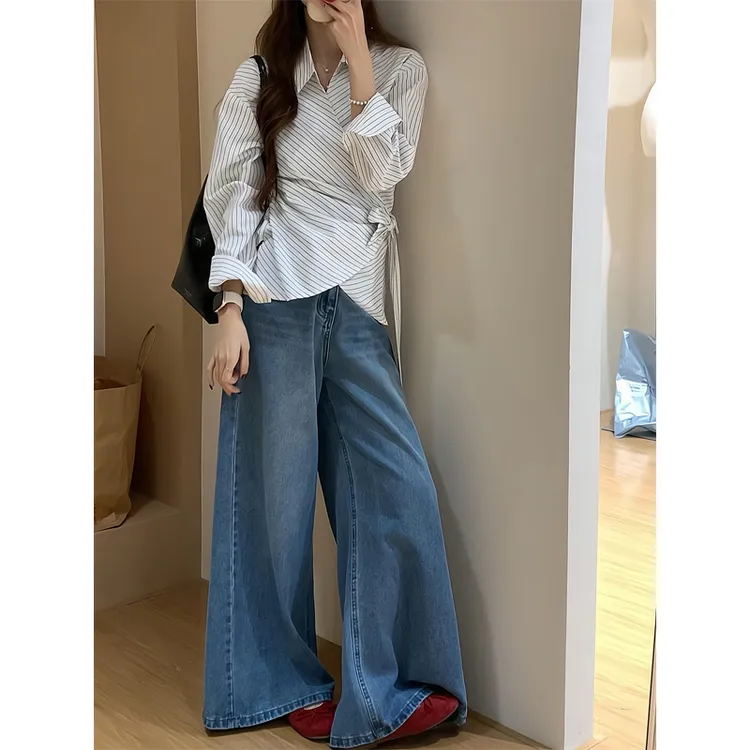 不规则绑带条纹衬衣收腰百搭衬衣水洗阔腿牛仔裤大裤脚喇叭拖地裤