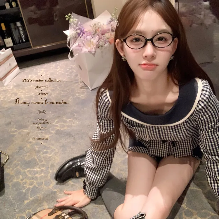 维斯小姐[挚爱之格]纯棉撞色双层翻领掐腰衬衣 A版拼接短裤
