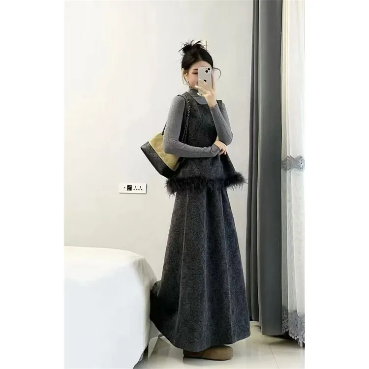 INS CEC秋冬新款韩系复古小香风毛呢马甲打底衫半身裙气质三件套