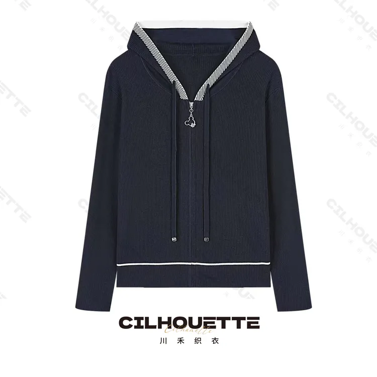 川禾织衣 早秋撞色连帽开衫100纯兰精天丝休闲百搭高端长袖针织衫