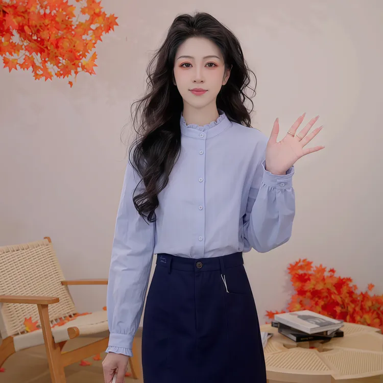 【商场同款】茵曼25百搭显瘦秋季法式木耳领蝴蝶结文艺感气质衬衣女