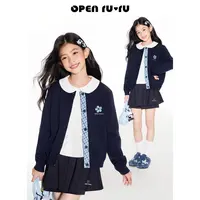 Opennunu女童刺绣小花藏青色毛衣开衫秋季学院风百搭保暖外套