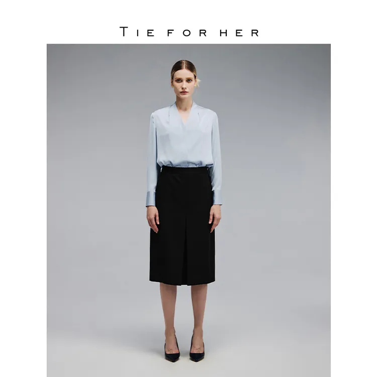 TieForHer 工字褶直筒基础百搭职场优雅精致通勤小A包臀半裙