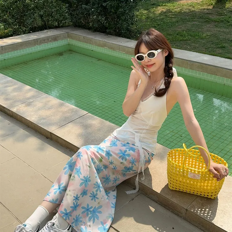 复古法式碎花粉色温柔半身裙气质夏季腰显新款松紧碎花裙长款