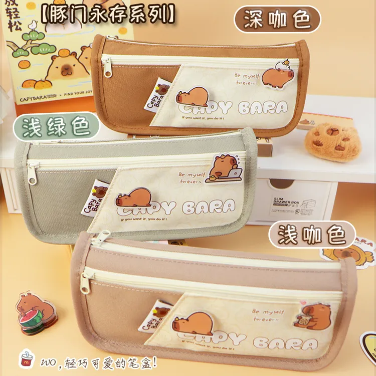 帆布笔袋卡皮巴拉幼儿园小学初中女生新款笔袋呆萌卡通大容量笔袋