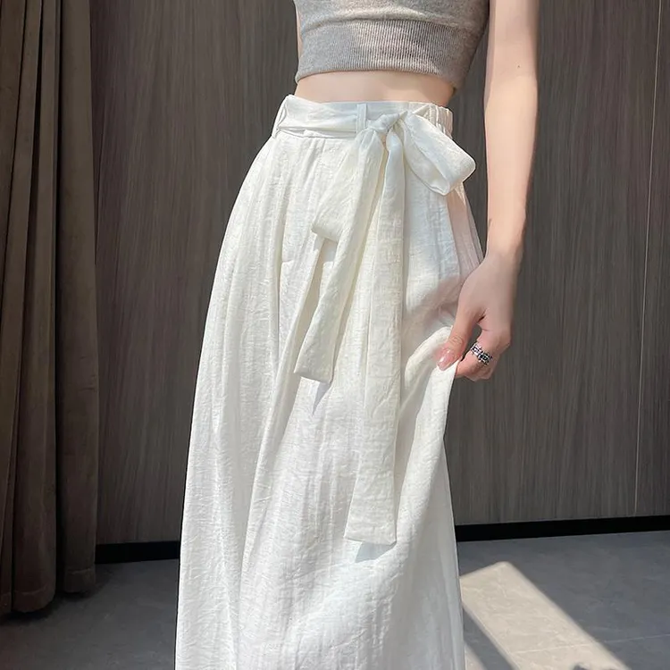 白色设计感麻阔腿裤女夏季薄款高腰飘带直筒裤垂感遮胯拖地山本裤
