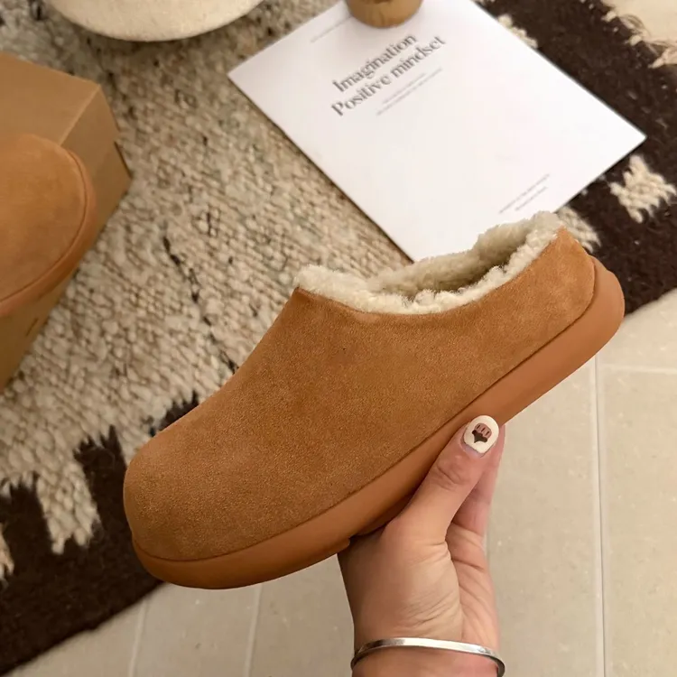【羊毛小土豆半拖】桑坡真羊皮毛厚鞋平底软加绒保暖棉鞋秋冬一脚蹬