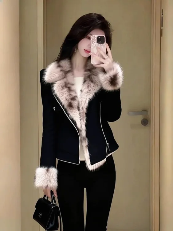 小香风黑色毛绒外套女冬季高端时髦洋气气质减龄皮毛一体加厚上衣