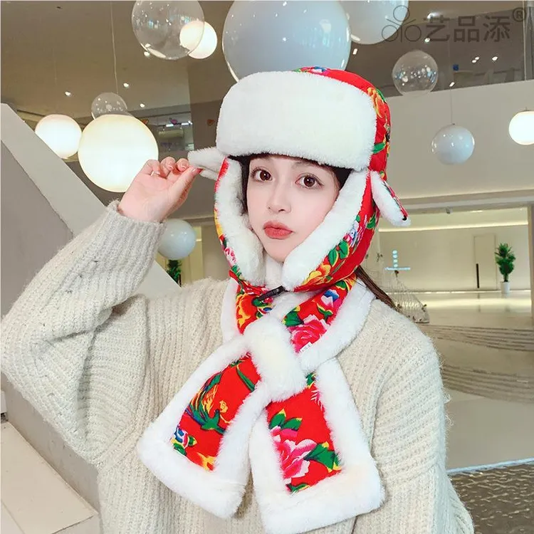 东北防寒围巾大花布帽子女冬天护耳雷锋帽民族风保暖加厚防风棉帽