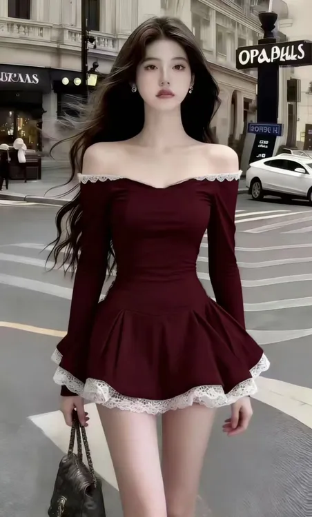 2025冬时尚新款御姐风短裙酒红色一字肩露肩蕾丝边长袖收腰连衣裙