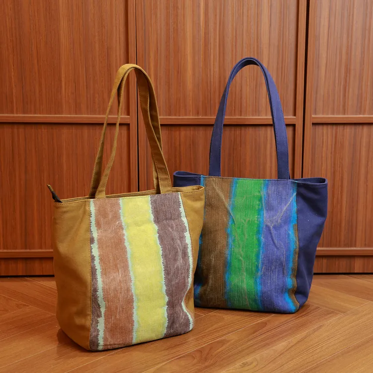 米丽安2025原创新款民族风棉麻拼色托特包女款大容量通勤单肩包包