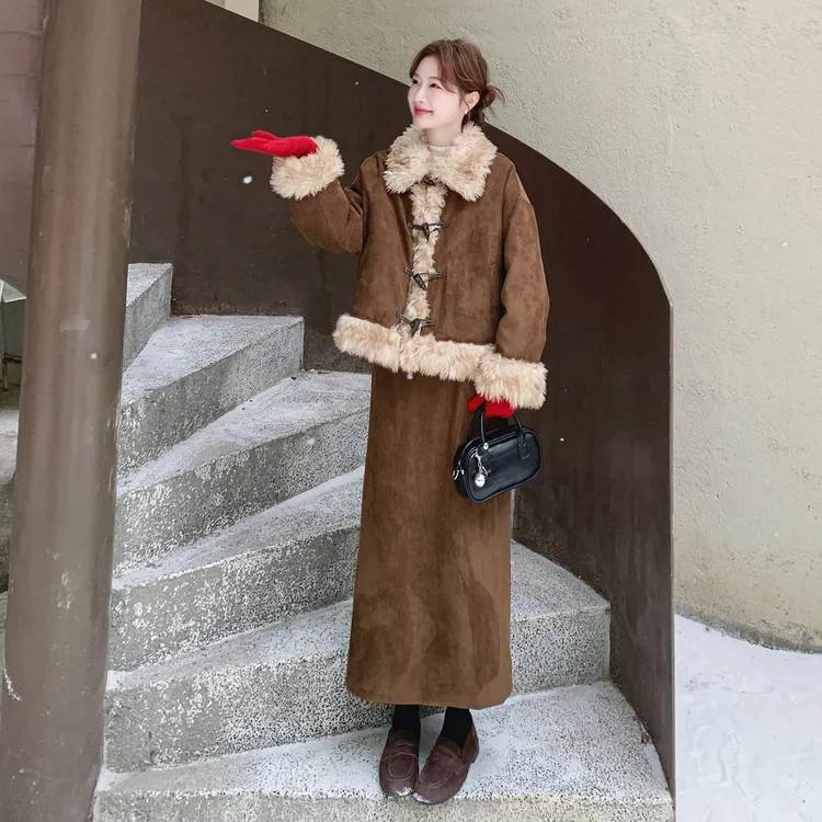 美拉德复古毛毛拼接套装裙2025冬季新款羽绒内胆外套半身裙两件套