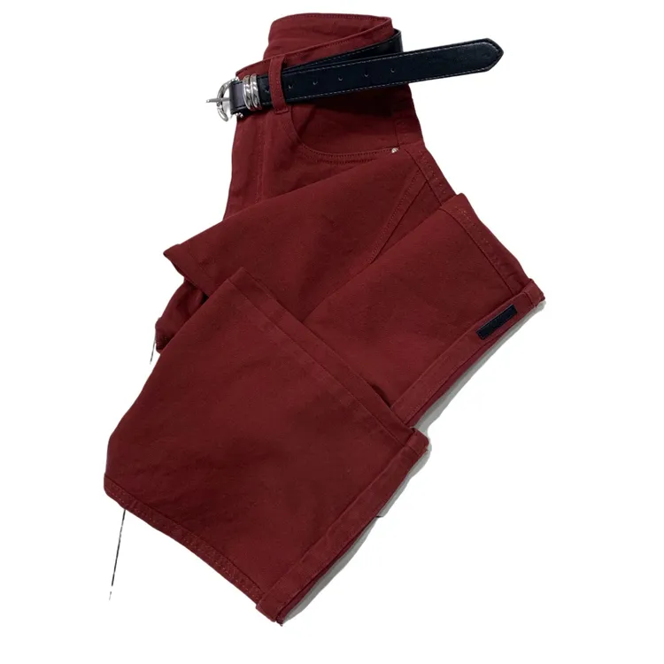 T24147春季新款断剪挽边彩色九分牛仔裤（带腰带样式随机）