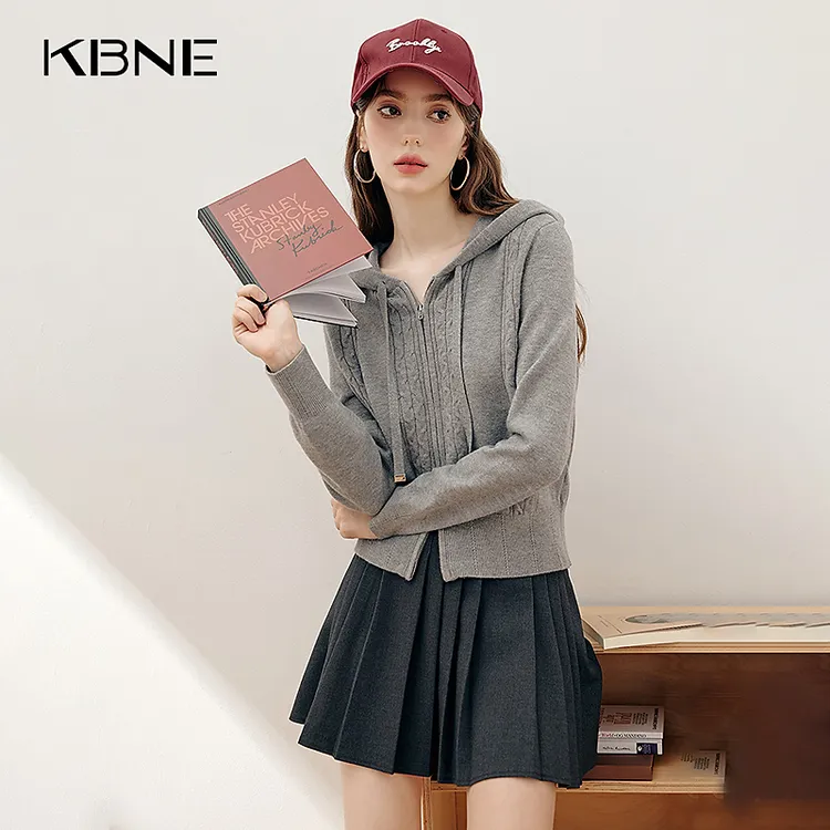 KBNE针织衫女款爆款2025新款秋季针织开衫灰色连帽毛衣慵懒风上衣
