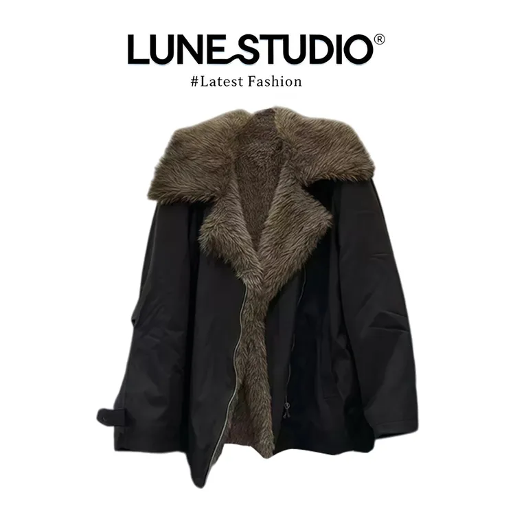 韩系黑色高级感廓形大翻领派克服外套女2025冬季保暖加厚毛毛上衣