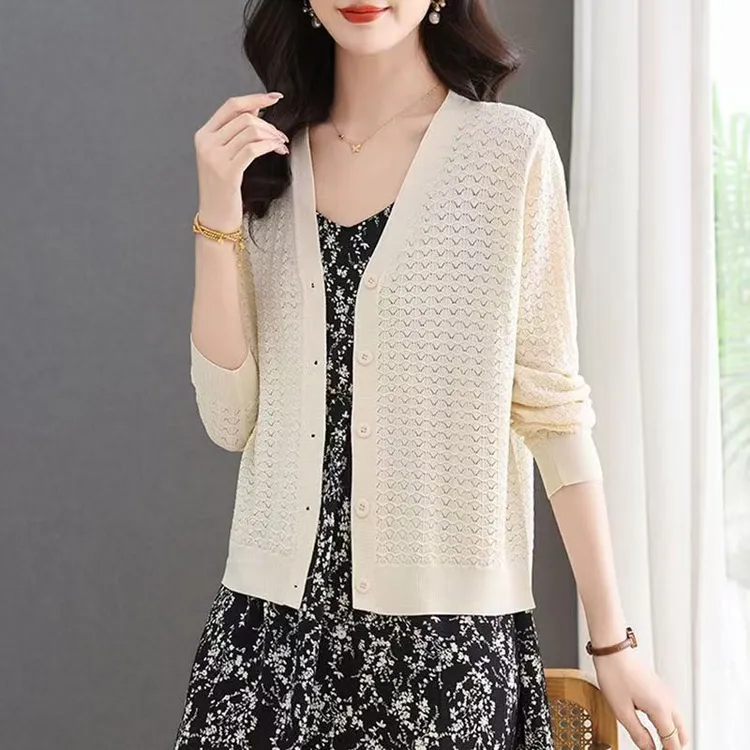 夏季新款冰丝防晒外搭女休闲百搭针织开衫镂空外套空调衫防晒衫