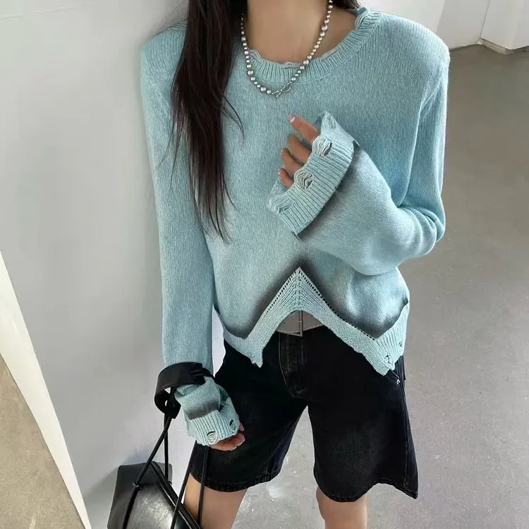 2025春季新款韩版不规则针织衫女简约慵懒风撞色破洞修身长袖毛衣