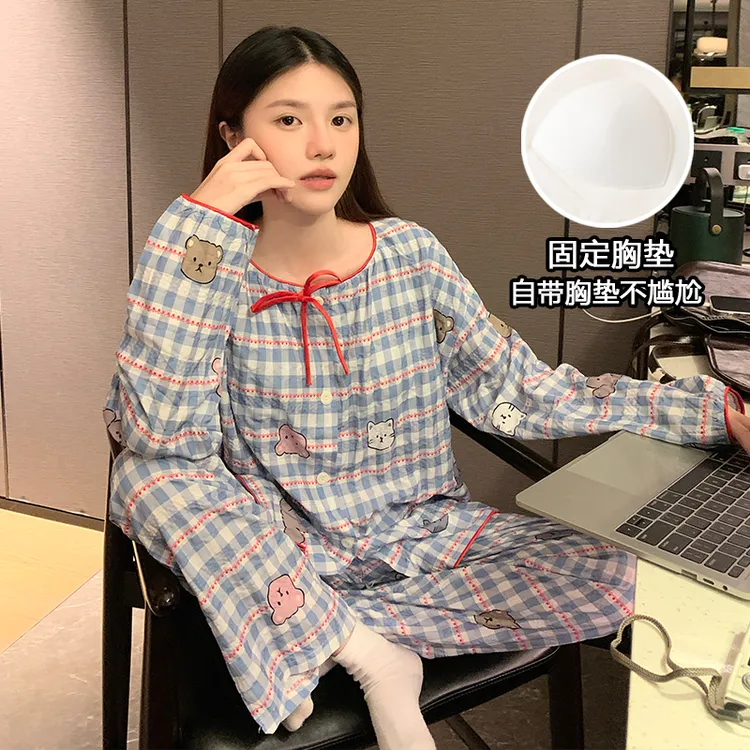 自带胸垫睡衣秋季韩版格子小熊长袖长裤开衫套装家居服女可外穿潮