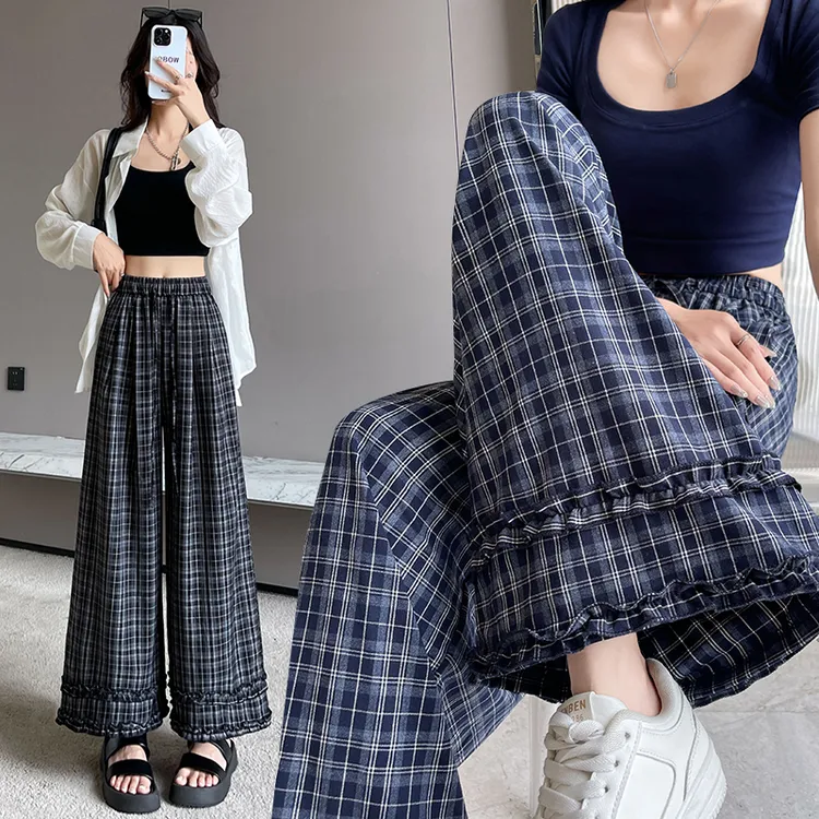 松紧腰格子设计感木耳边垂感阔腿裤百搭显瘦休闲长裤