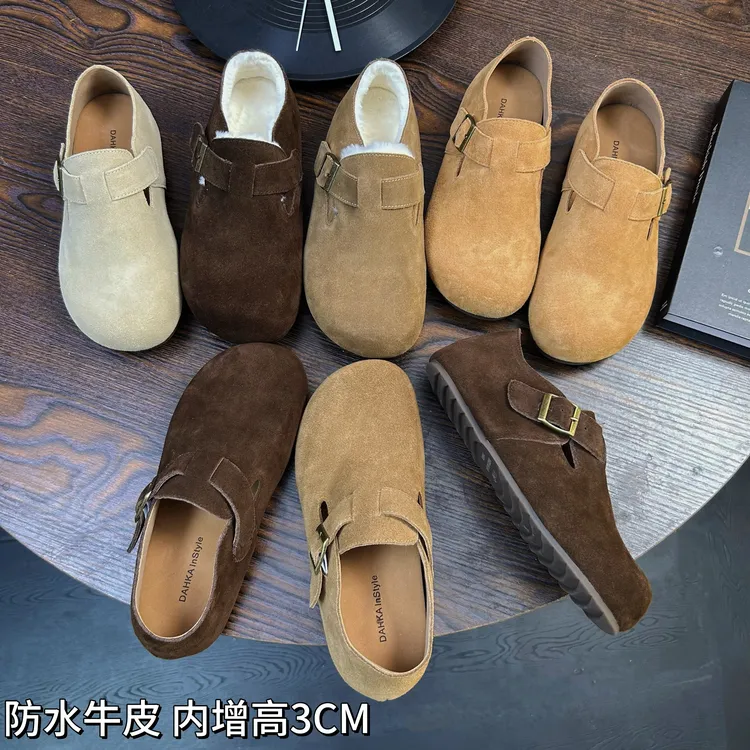 增高3cm勃肯鞋女鞋子2025秋冬季加绒厚底小个子博肯鞋皮带扣乐福