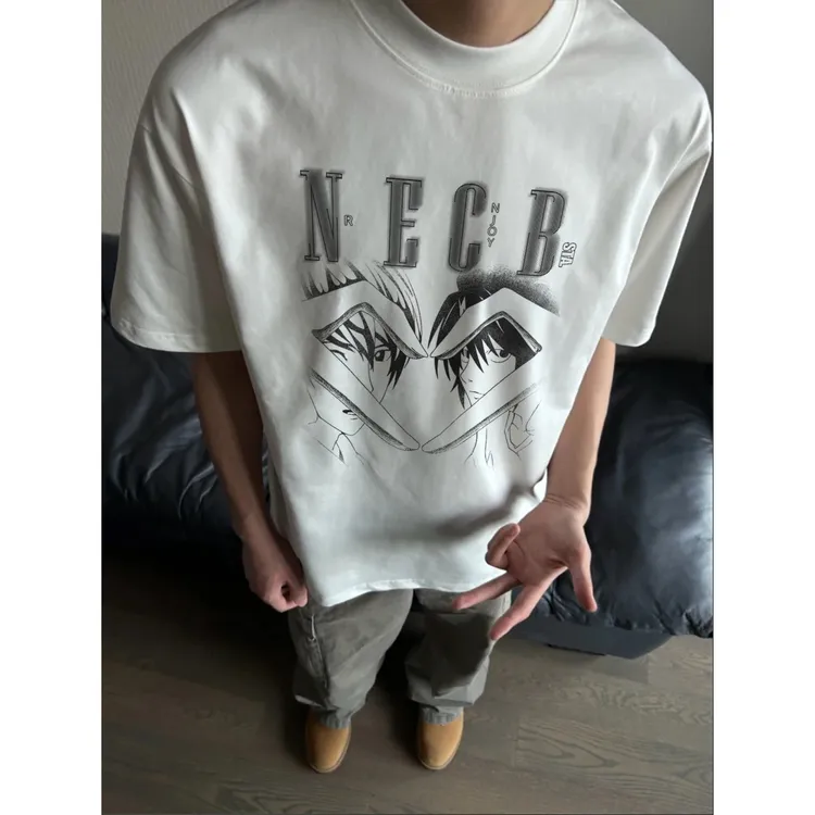 100%纯棉320克重磅美式休闲百搭夏季复古宽松印花圆领半袖小众ins