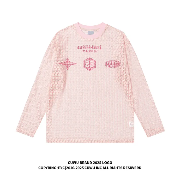 cuwu多巴胺镂空防晒衣罩衫上衣女男夏季国潮字母印花宽松长袖T恤