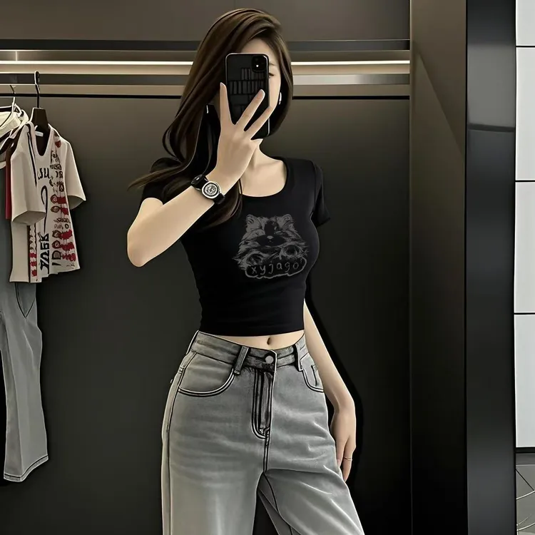 甜美猫咪短袖纯棉t恤女夏季新款正肩短款可爱修身显瘦百搭小上衣