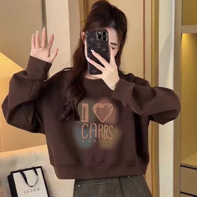 2025秋冬新款季圆领高腰短款小个子卫衣女薄款爆款宽松加绒上衣服