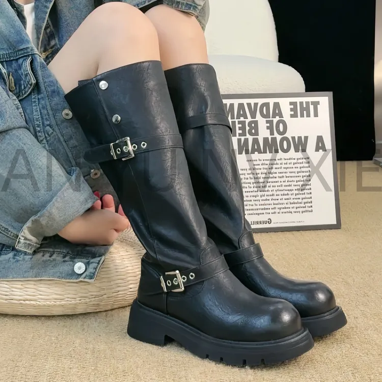 2025早秋新款英伦时尚骑士靴百搭长筒靴女厚底增高显瘦潮流20-912