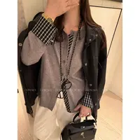 大婉酱微胖定制【影格】格纹拼接小众设计感针织开衫上衣秋季 2014D