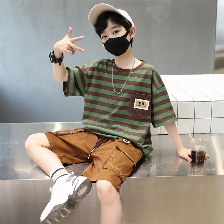 男童夏装套装2025新款中大儿童夏季男孩条纹短袖运动洋气酷帅潮衣