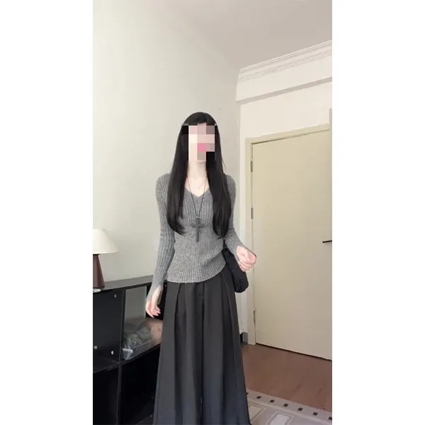 韩系复古简约灰色v领长袖t恤女秋冬季内搭显瘦针织衫上衣裤子套装