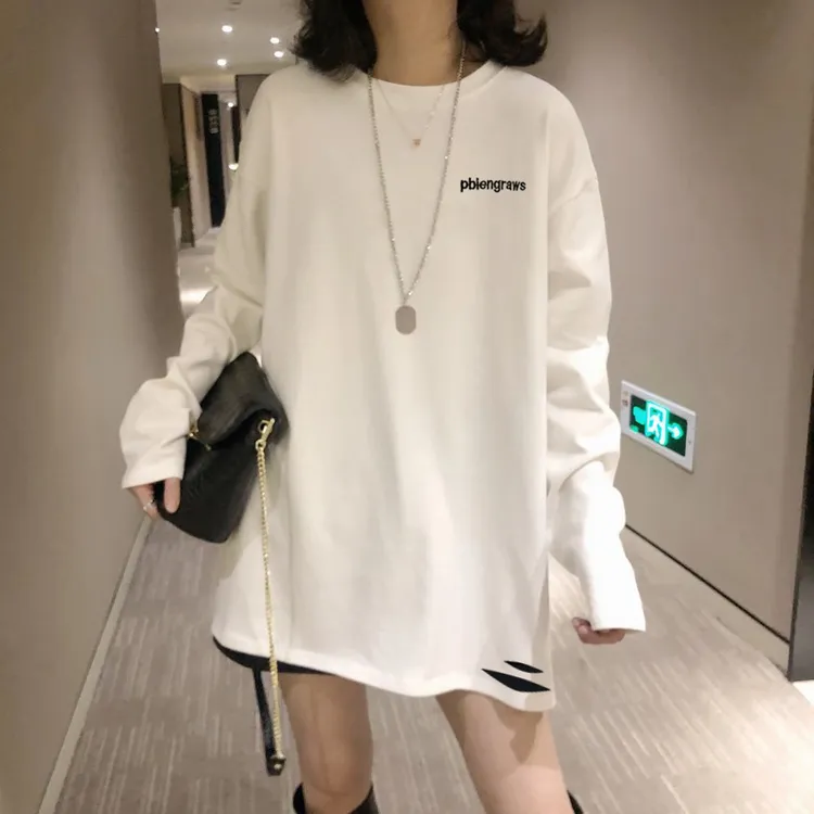 中长款遮屁股打底衫春秋冬季宽松白色卫衣内搭长袖t恤女时尚上衣