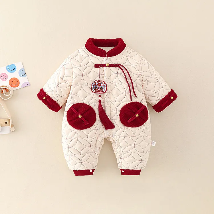 婴儿秋冬装加棉加厚连体衣服宝宝棉哈衣喜庆满月百天过年红色年服