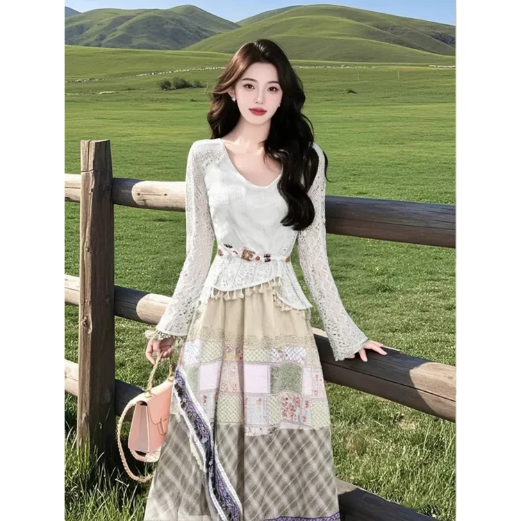 2025春季波西米亚风套装镂空流苏上衣女半身裙春新款森系裙子女装