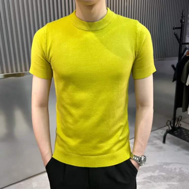 欧货男士轻奢针织短袖上衣简约风男装纯色修身时尚高端毛衣半截袖