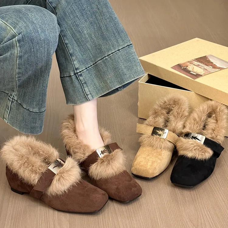 titing古早老钱风！复古绒面方头搭扣毛毛单鞋女冬加绒内增高单鞋