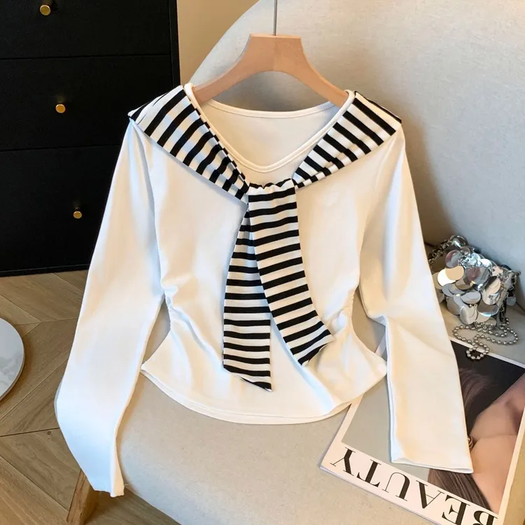 小呆鱼同款女童春秋款学院风海军领披肩T恤长袖圆领修身两件套