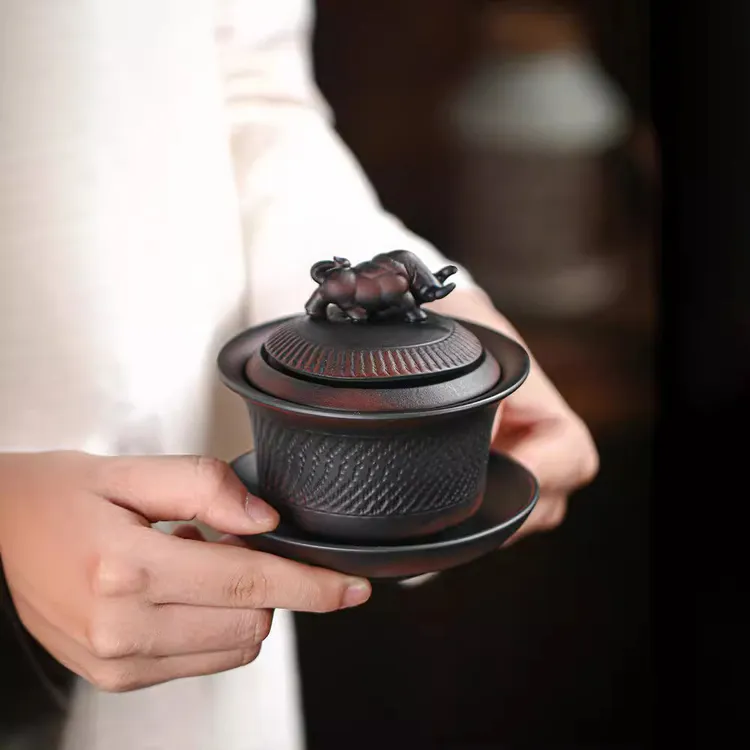 建水紫陶高端三才盖碗陶瓷茶具带盖碗泡茶碗黑陶家用高档功夫茶具