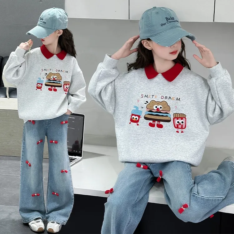 女童2025春款炸街套装儿童洋气韩版长袖省心搭中大童撞色翻领套装