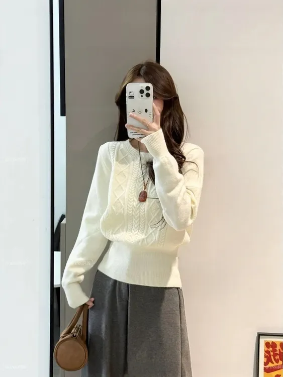 韩系重工浮雕花纹理圆领毛衣女加厚上衣收腰显瘦长袖针织衫K2-30