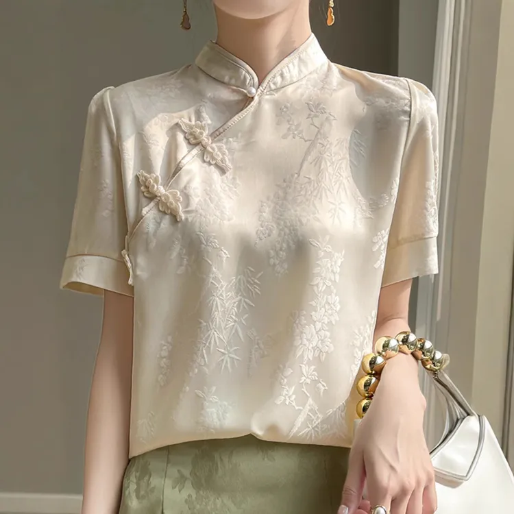 国风新中式提花短袖女缎面时尚复古斜襟盘扣上衣旗袍立领打底T恤
