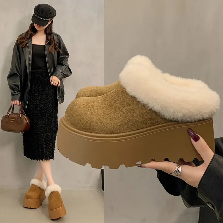 7CM`厚底增高包头半拖鞋女外穿2025新款冬季勃肯鞋加绒毛毛棉拖鞋