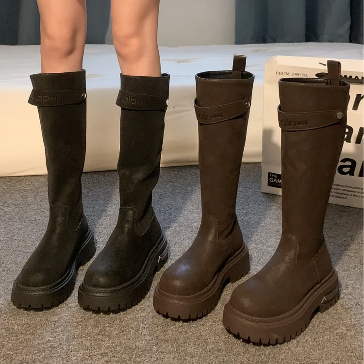 贾不假厚底弹力女款长筒靴2025新款秋冬百搭加绒骑士靴胖妹妹显瘦