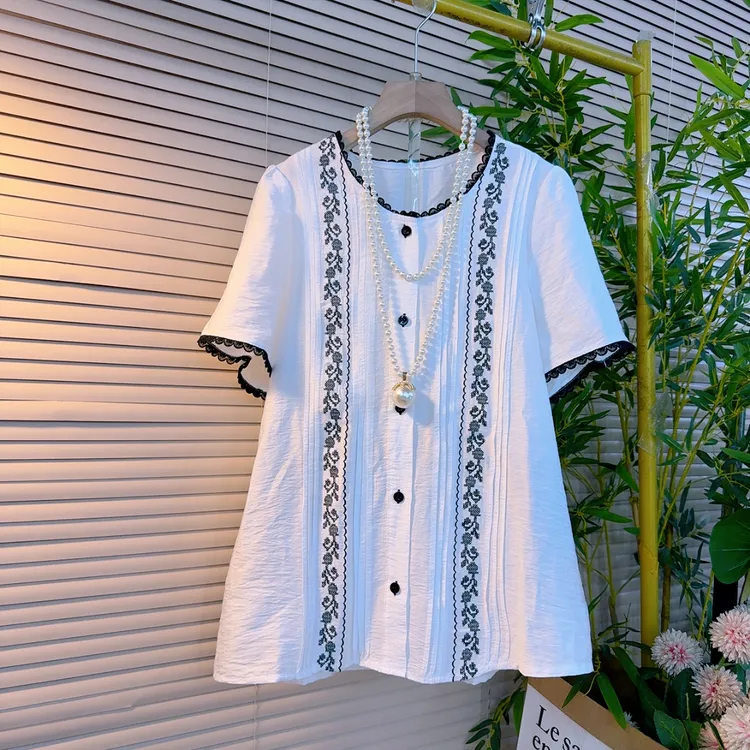 6029胖mm欧货时尚圆领重工民族复古提花刺绣设计感显瘦百搭衬衫