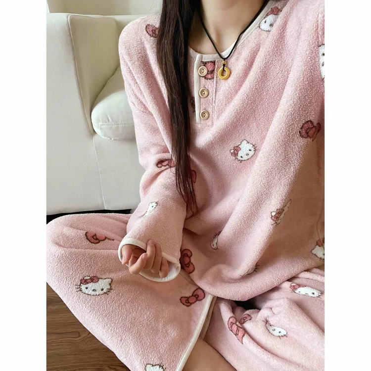 kitty猫针织半边绒秋冬季新款睡衣女甜美可爱加厚保暖家居服套装
